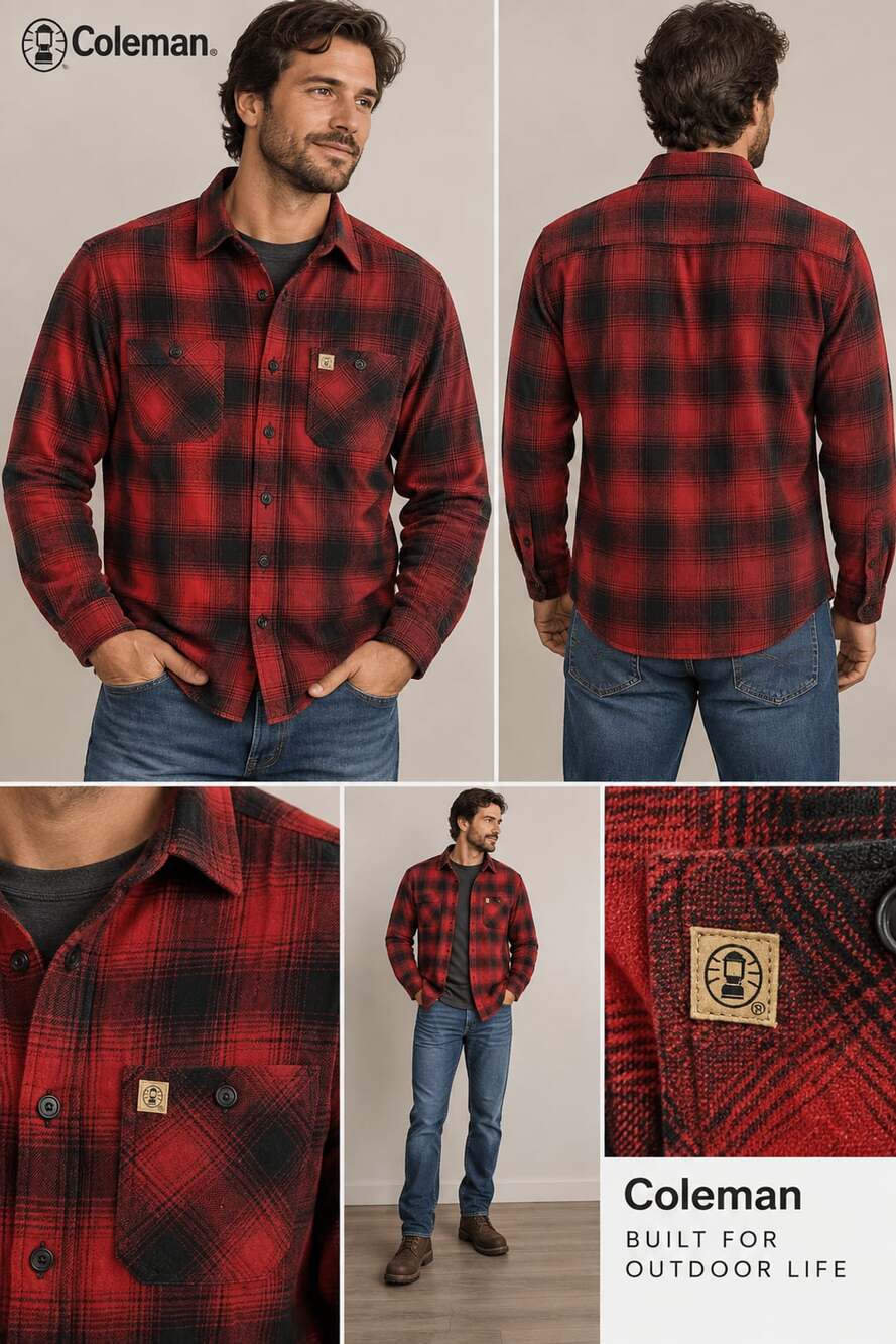 Coleman Long Sleeve Plaid Flannel Shirt Size L Red Black Button Up